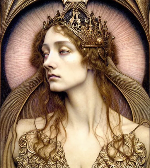 Image similar to detailed realistic beautiful young medieval queen of jupiter face portrait by jean delville, gustave dore and marco mazzoni, art nouveau, symbolist, visionary, gothic, pre - raphaelite. horizontal symmetry by zdzisław beksinski, iris van herpen, raymond swanland and alphonse mucha. highly detailed, hyper - real, beautiful
