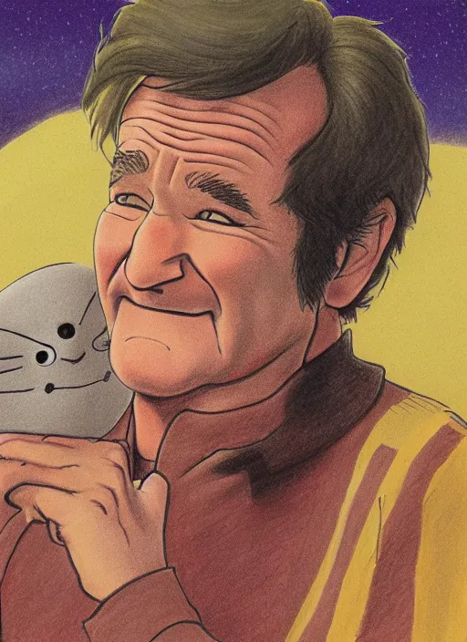 Image similar to a drawing of Robin Williams, by Studio Ghibli, 8k, illustation