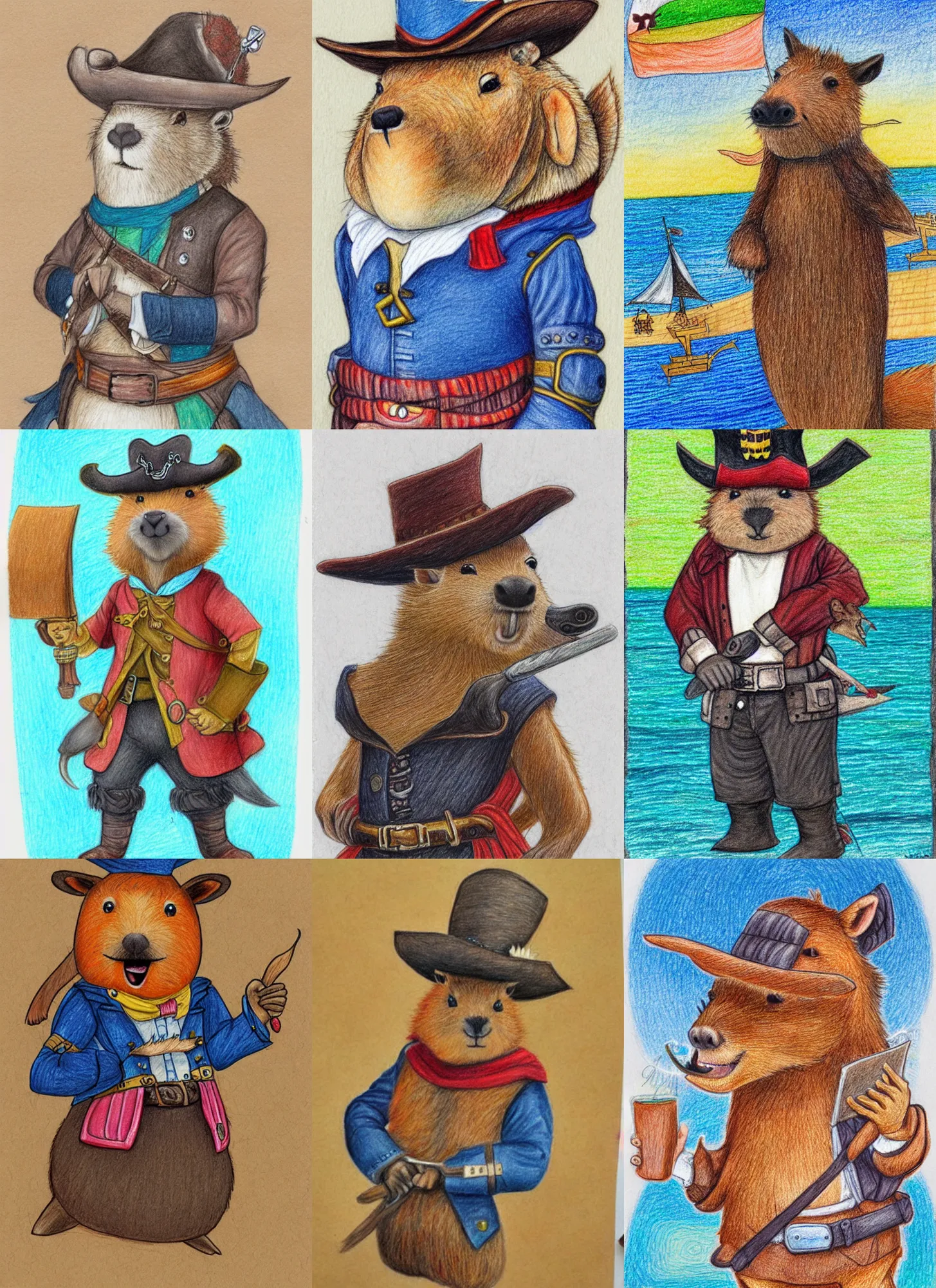 Image similar to detailed colored pencil drawing of a cute anthropomorphic capybara as a pirate