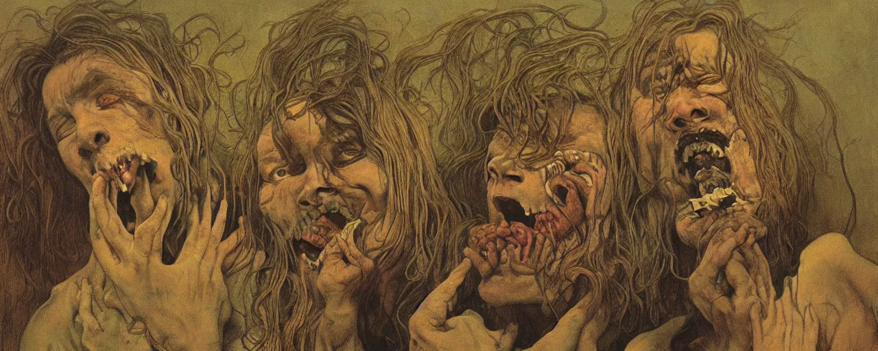 Prompt: vintage color footage exaggerated somber exorcism scared bluegrass band wide open mouths in terror crying figures inside mental hospital portrait by zdzisław beksinski and gustave dore and alphonse mucha, artstationhq iamag