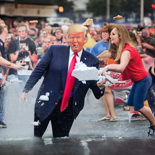 Image similar to donald trump throwing pudding onto citizens, citizens soaked with pudding, golden hour, boardwalk, professional photography