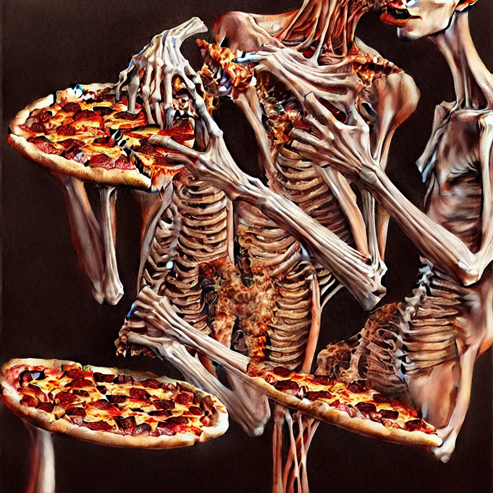 Image similar to bright realistic anorexic man ribs boney eating his girlfriend, pizza, pasta, puke, appartment, rotten flesh, diffuse lighting, fantasy, intricate, elegant, highly detailed, lifelike, photorealistic, digital painting, artstation, illustration, concept art, smooth, sharp focus, art by jenny saville