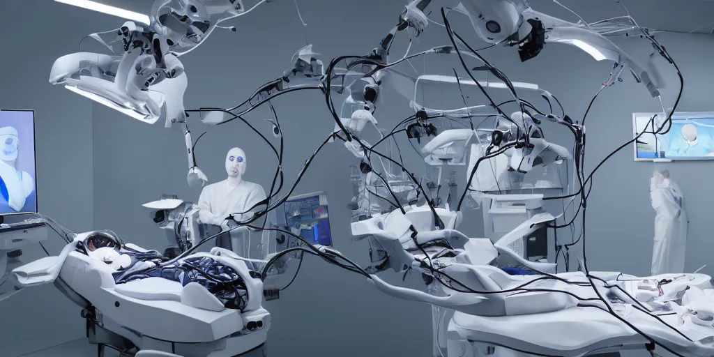 Prompt: a of a face transplant in an operating room with robotic surgeons with a lot of wires and video monitors , photorealistic,by Wlop,4k resolution