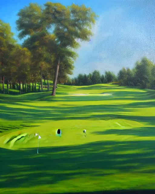 Image similar to oil painting of golf course, flag, oil painting,