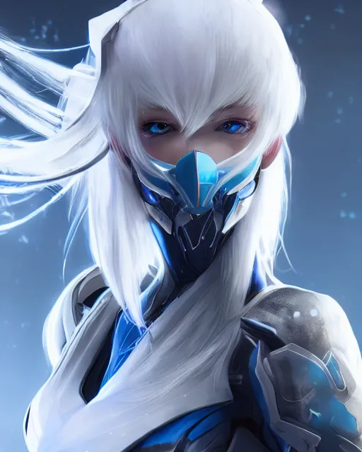 Image similar to perfect white haired girl, warframe armor, beautiful, pretty face, blue eyes, detailed, windy weather, scifi platform, laboratory, experiment, 4 k, ultra realistic, epic lighting, cinematic, high detail, masterpiece, akihito tsukushi