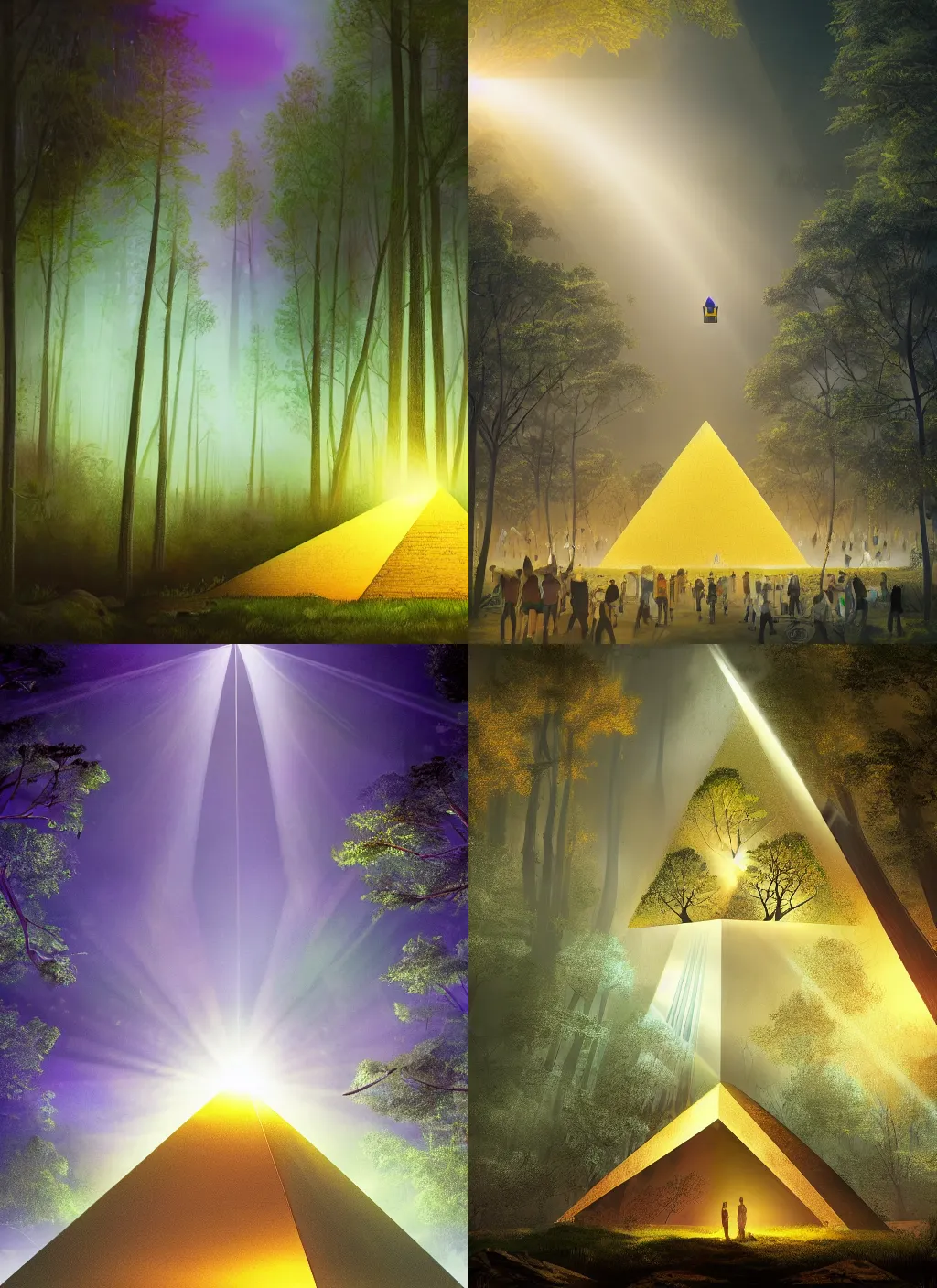 Prompt: a ultradetailed beautiful illustration of an inverted pyramid floating above a forest, a beam of light comes out of the center of the pyramid into the forest, there is a crowd of people observing,, pastel color, dim dusk lighting, cinematic lighting, detailed lighting, volumetric lighting, realistic, f 8, 4 k hd wallpaper, poster, yellow and purple color scheme