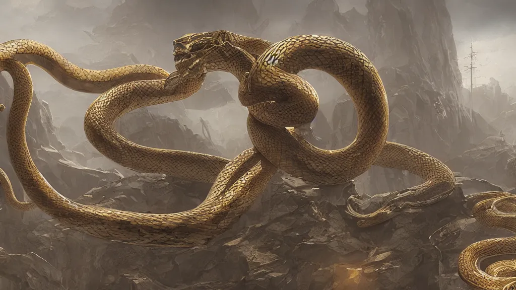 Prompt: marble temple, giant snakes, ribcage, gold, godrays, cgsociety,