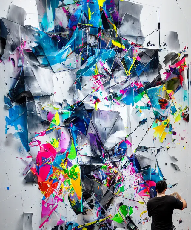 Image similar to acrylic and spraypaint portrait of origami architecture, frank gehry architecture, marble sculpture, graffiti wildstyle, explosions, large brush strokes, painting, paint drips, acrylic, clear shapes, spraypaint, smeared flowers, large triangular shapes, painting by totem 2, ashley wood, jeremy mann, masterpiece