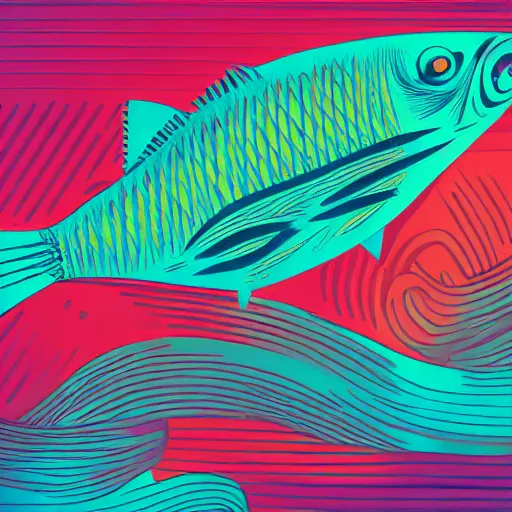 Image similar to profile of one stylized fish in center of view, dark ocean, complex patterns, artstation, intricate, realistic, highly detailed, digital painting, concept art, sharp focus, illustration by tom whalen and charles williams and kilian eng and james jean