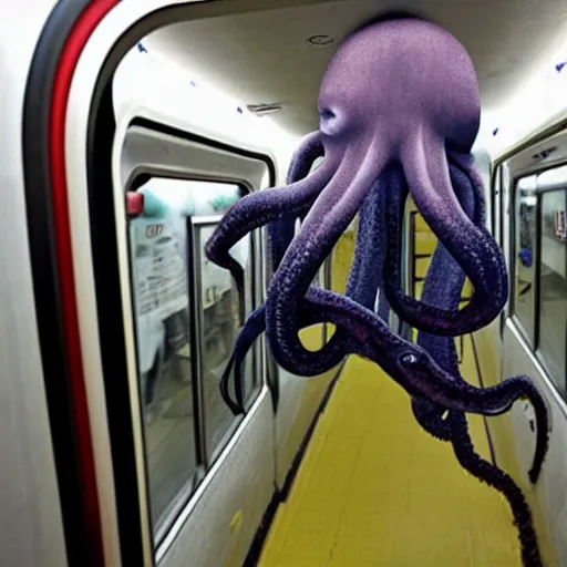 Image similar to of a giant octopus invading a interior of a subway train in new york,