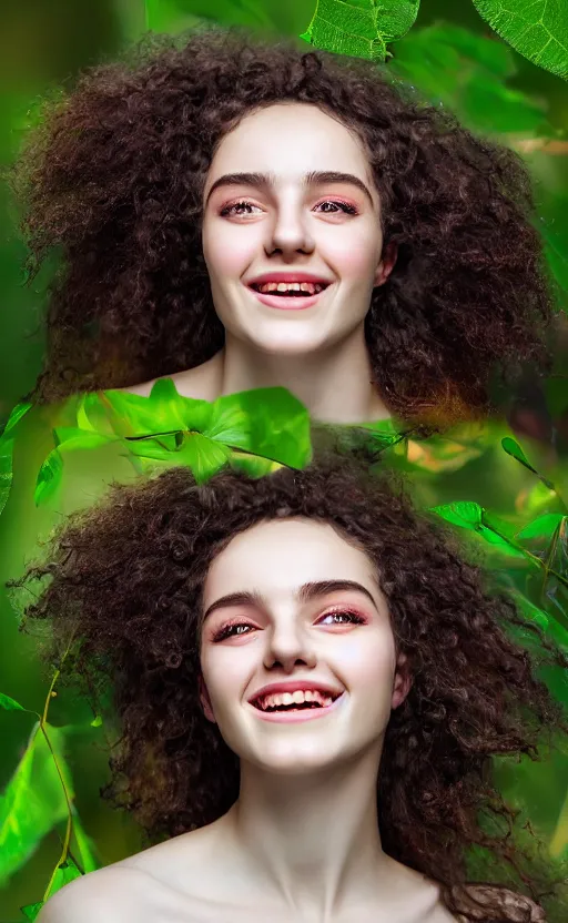 Image similar to 8 k uhd poser render of the face of a young woman with marble complexion, angelic features, her face framed with curls, her head raised in rapture, laughing, portrait photography, symmetrical eyes, by john singer sargent, background lush vegetation, insects and birds, dof narrow, 1 0 5 mm lens