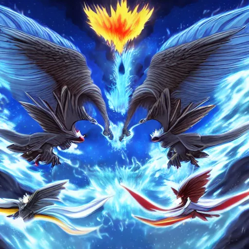 Prompt: the ultimate battle between articuno and zapdos and moltres, by dan mumford, yusuke murata, makoto shinkai, ross tran, cosmic, heavenly, god rays, intricate detail, cinematic, 8 k, cel shaded, unreal engine, featured on artstation, pixiv