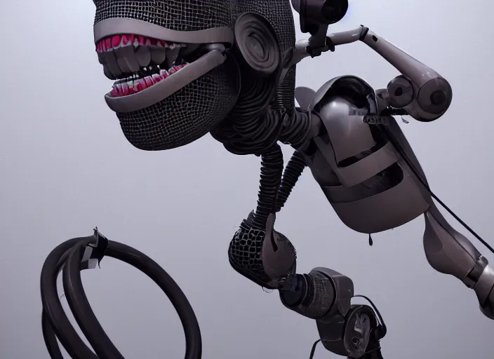 Prompt: a portrait of a robot screaming into a microphone at a death metal concert festival, 3 d rendering, dark background, digital, unreal engine, illustration, 8 k resolution, artstation, cinema 4 d, behance hd