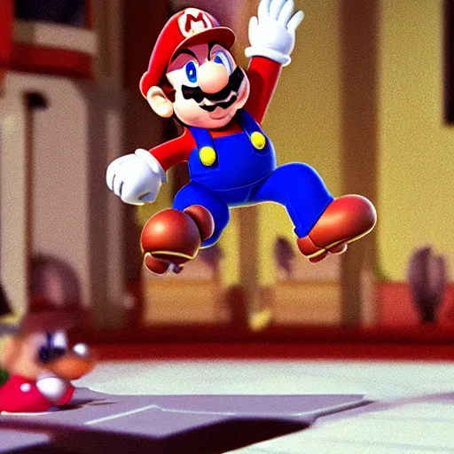 Image similar to mario jumping over birdo 4k