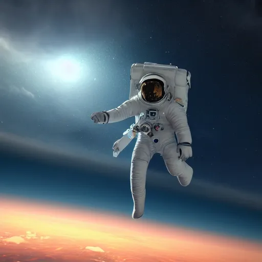 Image similar to photo of dying astronaut floating in sky over ocean, moody, atmospheric, 8k, unreal engine render, hyper realistic, sci fi