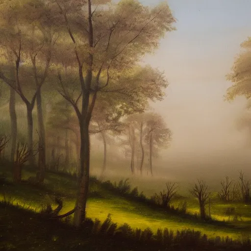 Prompt: an oil painting of a foggy forest with a spring and a deer