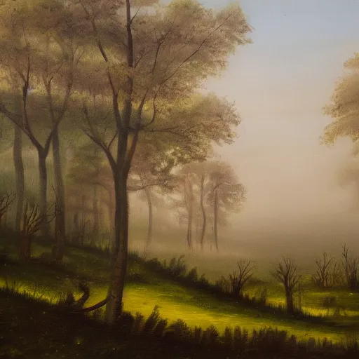 Image similar to an oil painting of a foggy forest with a spring and a deer