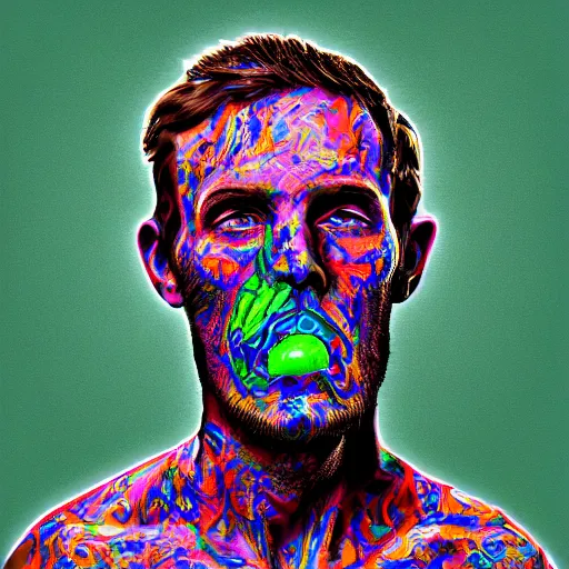 Image similar to man with a tab of acid on his tounge, digital art by mad dog jones