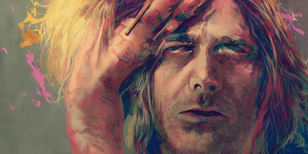 Image similar to kurt cobain, 1 9 7 6, colorful, series of dreams, contrast, kim jung gi, greg rutkowski, zabrocki, karlkka, jayison devadas, trending on artstation, 8 k, ultra wide angle, zenith view, pincushion lens effect