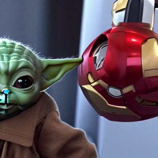 Image similar to baby yoda hanging out with iron man