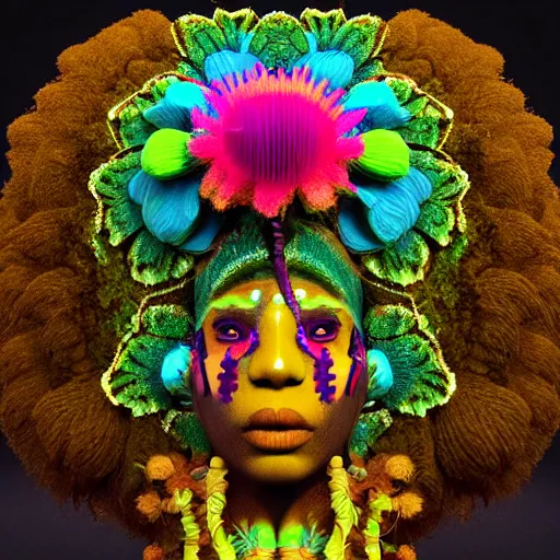 Prompt: symmetry!!, an african marijuanna shaman with an afro made of flowers, third eye art art by machina infinitum, complexity from simplicity, rendered in octane, mandelbulb 3 d, ambient occlusion, macro photography, felt!!! texture, tribal, neon! retrowave