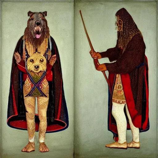 Prompt: slavic dog head man, woolen torso in medieval clothes, holding a weapon, orthodox, oil painting, concept art, hyperrealism, beautiful, high resolution, trending on artstation, by annie swynnerton and nicholas roerich, embroidered robes, elaborate costume, geometric ornament, symbolist, soft colors,,