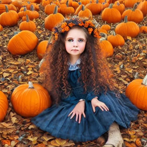 Image similar to a cute little girl with light brown wavy curly hair and blue eyes sitting amidst piles of pumpkins. beautiful cute highly detailed face. she is wearing a crown of autumn leaves. autumn and fall and halloween themed painting by artgerm and greg rutkowski and raymond swanland.