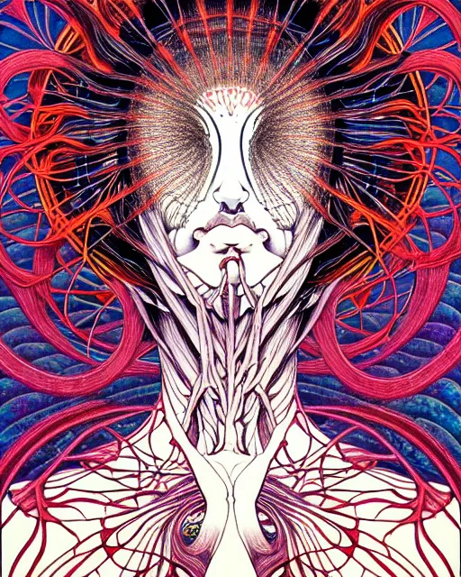 Image similar to human spirit breaking away from the body, conjuring psychedelic background, part by takato yamamoto, part by alex gray, ross tran, james jean, ultra realistic, highly detailed, 8 k, trending on artstation, cosmic, symmetry, masterpiece