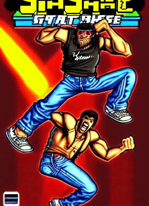 Prompt: hashsquatch the game, streets of rage style cover art, skate or die 2