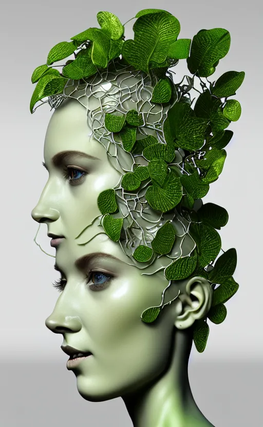 Image similar to complex 3d render of a beautiful porcelain profile woman face, vegetal dragon cyborg, 150 mm, beautiful natural soft light, rim light, silver gold metallic details, magnolia lime green big leaves and stems, ultra detailed , roots, fine lace, maze like, mandelbot fractal, anatomical, facial muscles, cable wires, microchip, elegant, white metallic armour, octane render, black and white, H.R. Giger style