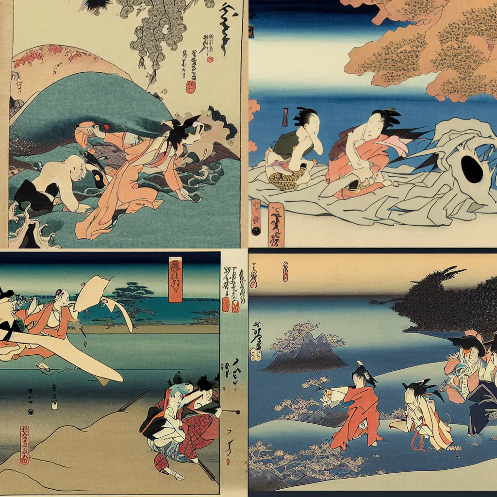 Prompt: Pokemon battle on a shore, ukiyo-e by Hokusai