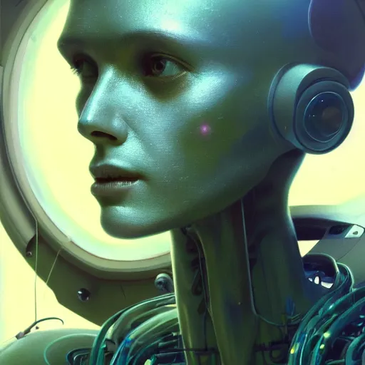 Prompt: detailed concept art portrait of a high - tech humanoid robot on a depth of field background, artstation, award - winning realistic sci - fi concept art by jim burns and greg rutkowski, beksinski, a realism masterpiece, expressive color palette, james gilleard, bruegel, alphonse mucha, and yoshitaka amano