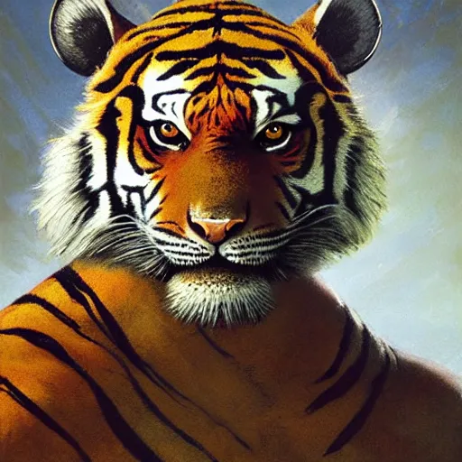 Image similar to head and shoulders portrait of a tiger - headed rakshasa, d & d, fantasy, greg rutkowski, frank frazetta, alexandre chaudret, boris vallejo, michael whelan, miro petrov, hr giger, magali villeneuve, donato giancola