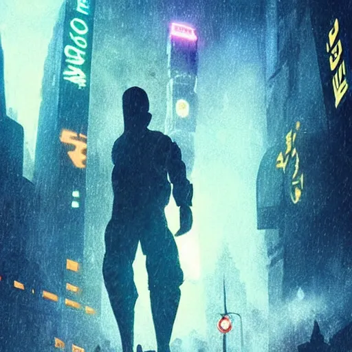 Prompt: some kind of blade runner city with some cool hero