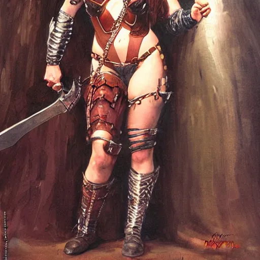 Prompt: portrait of kat dennings wearing armor and holding sword by frank fazetta, fantasy, barbarian