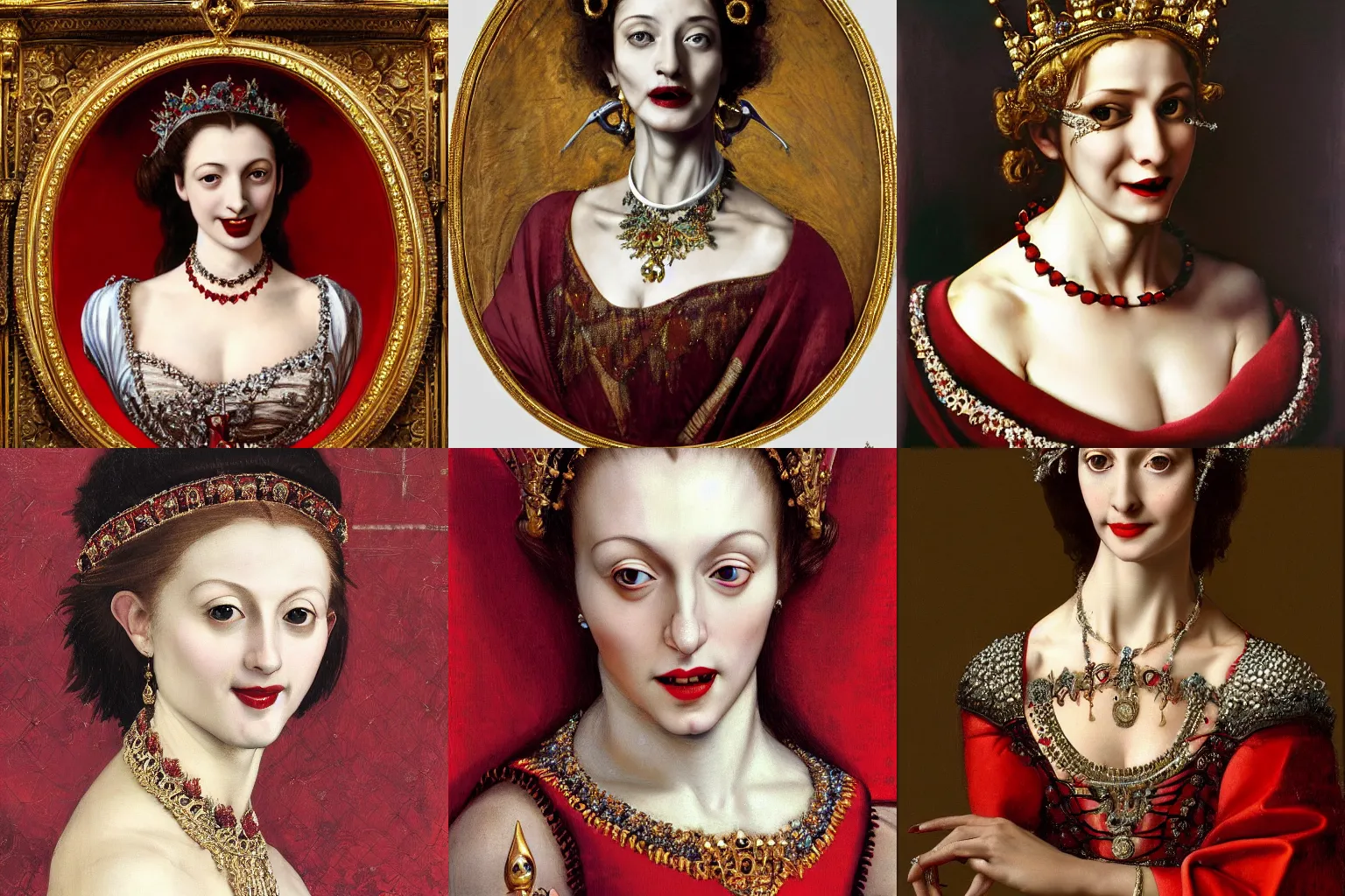 Prompt: A extremely highly detailed majestic hi-res beautiful head and shoulders painting of a beautiful bloody vampire woman with fangs wearing a long royal red silk dress, the crown jewels is on her head and around her neck is a ornate golden necklace decorated with diamonds and rupees and she is smiling wickedly by Michelangelo Merisi da Caravaggio, high detail, hyperrealistic, photorealistic, octante render, cinematic, high textures, royaltly, royal, hyper sharp, 4k insanely detailed and intricate, hypermaximalist, 8k, hyper realistic, super detailed, 4k HDR hyper realistic high,