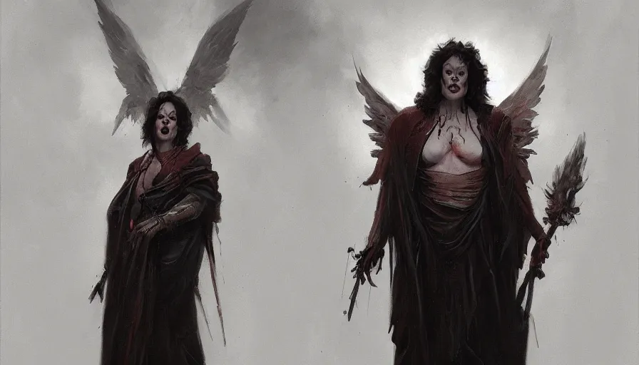 Prompt: A beautiful painting of tim curry as the angel of death by greg rutkowski and Kalin Popov , Trending on artstation HD.