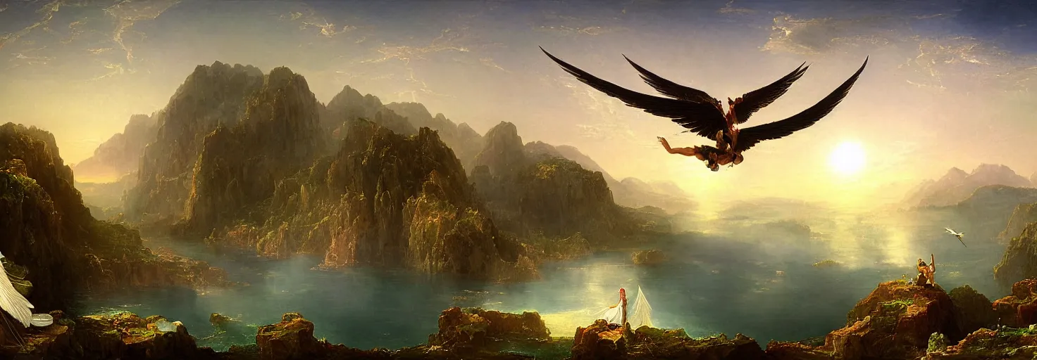 Image similar to Icarus with his wings on fire crashed and burned on the side of a mountain while Daedalus bows his head in disbelief from his workshop in the mountains below. in the style of a surreal and awe-inspiring thomas cole and albert Bierstadt digital art panorama landscape painting at sunset. unreal engine, 4k, matte, exquisite detail