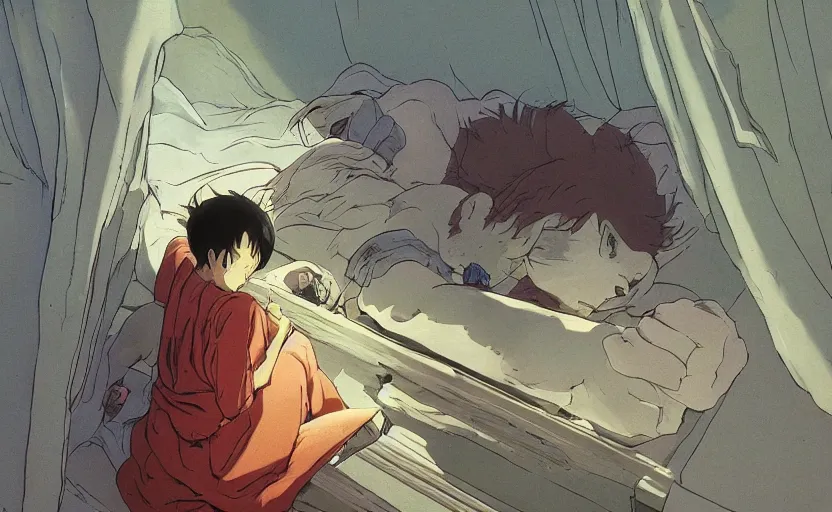 Prompt: the living being awoke from its slumber beneath the bed frame, digital painting masterpiece, haunting beautiful brush strokes, painted by Moebius and Hayao Miyazaki and Akira Toriyama