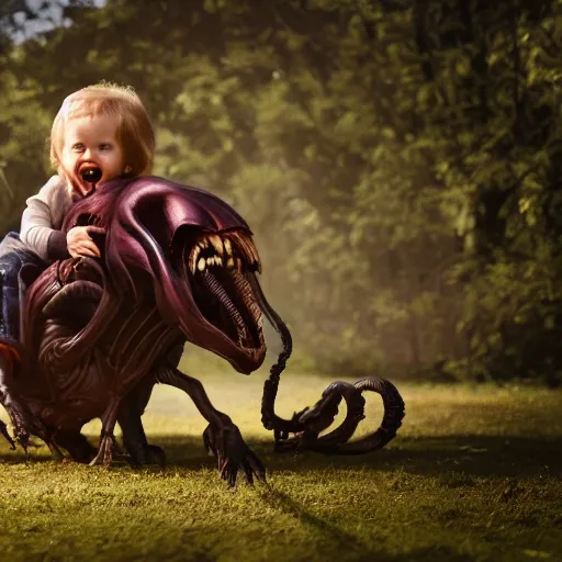 Image similar to A toddler happily riding a xenomorph, photography, 4K