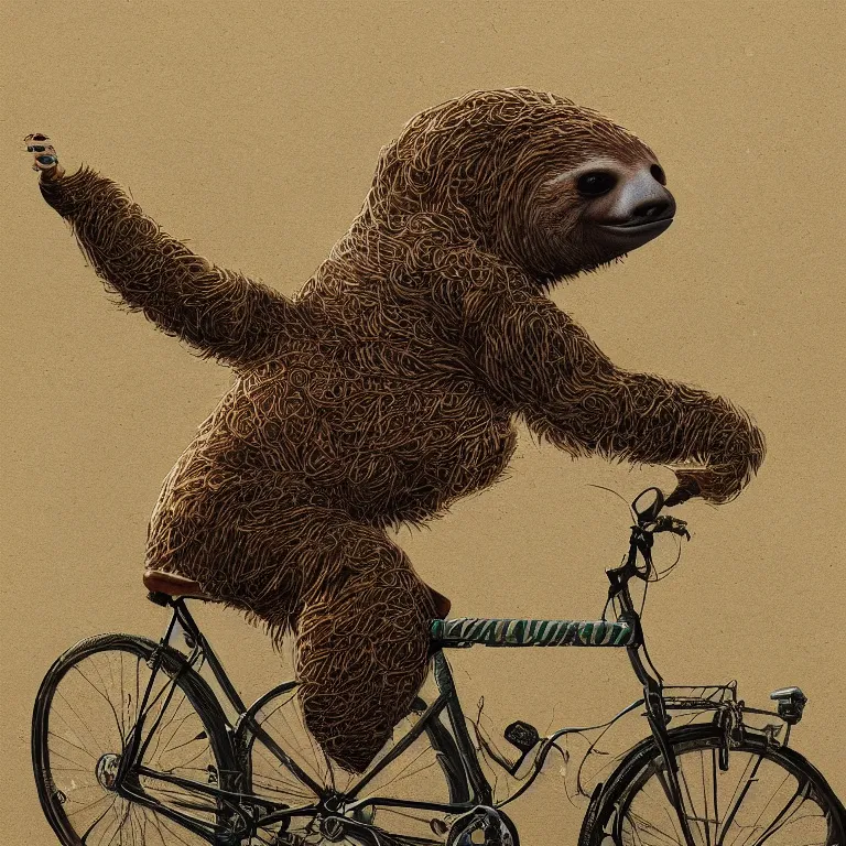 Prompt: fine art painting of a sloth riding a bicycle, artstation, cgsociety, very detailed, intricate, detailed illustration, deep vibrant colors