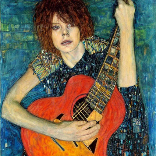 Prompt: Anne Erin Clark playing guitar by Kent Williams and Gustav Klimt