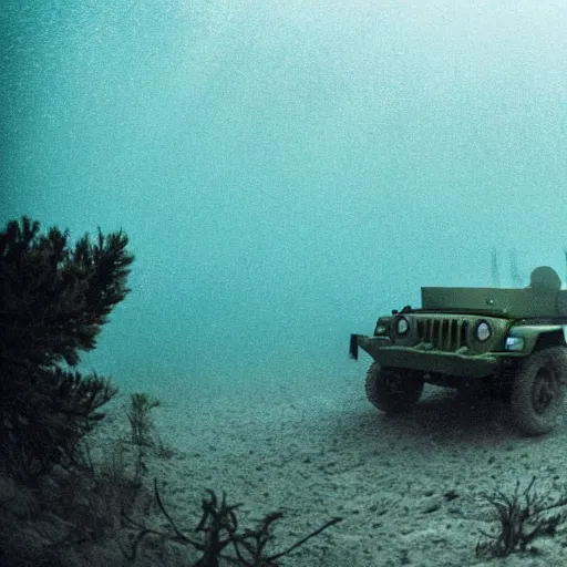 Image similar to eerie murky underwater photo of an upside - down military jeep sinking down. the jeep is inverted. bubbles. 4 k.