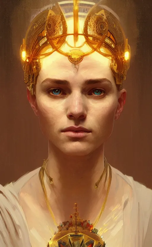 Prompt: a portrait of a young bald oracle, tired, staring at us, symmetry, symbolic elaborate painting, golden crown of light, art by aleksander brodzinski, greg rutkowski and alphonse mucha, trending on artstation