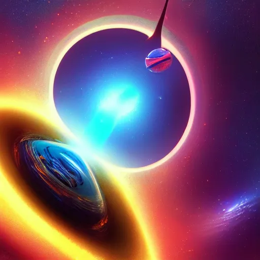 Image similar to glowing glorious 3D black hole in movie, intergalactic, space theme, galaxy colored, hyperdetailed, digital painting, trending on Artstation, cel-shading style, CG society, hyperdetailed, digital painting, hypermaximalist, golden ratio, volumetric, octane render, weta digital, micro details, 3d sculpture