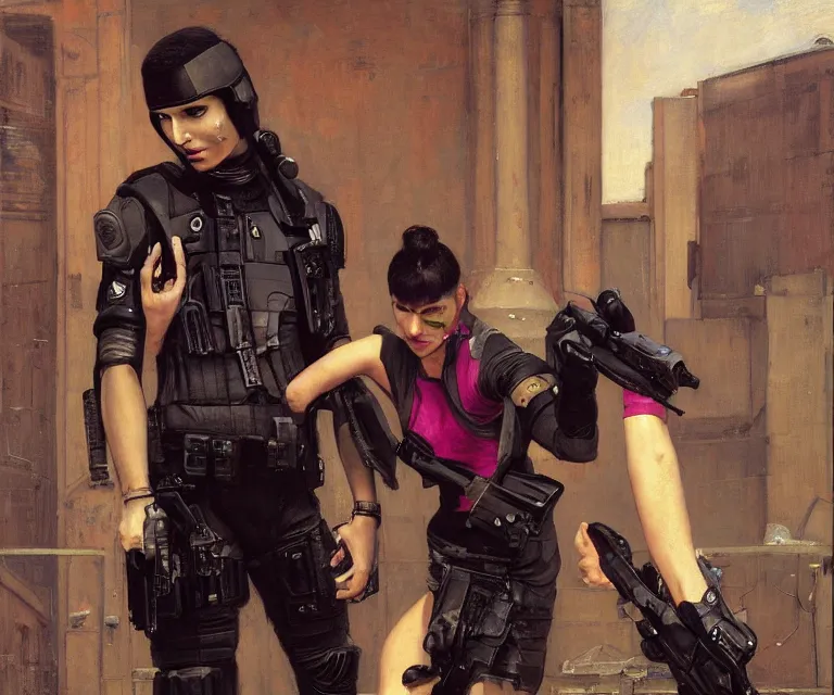 Image similar to Sara evades sgt Griggs. Fuchsia Cyberpunk hacker escaping Menacing Cyberpunk police trooper griggs wearing a combat vest. (dystopian, police state, Cyberpunk 2077, bladerunner 2049). Iranian orientalist portrait by john william waterhouse and Edwin Longsden Long and Theodore Ralli and Nasreddine Dinet, oil on canvas. Cinematic, vivid colors, hyper realism, realistic proportions, dramatic lighting, high detail 4k