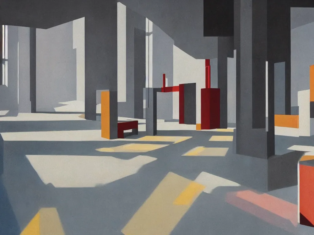 Image similar to colorful minimalist industrial interior bauhaus floors with monolithic pillars in the style of ridley scott and stanley kubrick, impossible stijl architecture, lone silhouette in the distance, ultra wide angle view, cinematic, god rays, volumetric lighting, realistic detailed painting by edward hopper