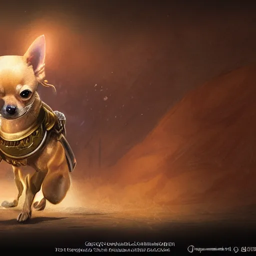 Image similar to tan coloured chihuahua Dog, battle armour, Anthropomorphized, casting epic spell, magic the gathering artwork, D&D, fantasy, cinematic lighting, centered, symmetrical, highly detailed, digital painting, artstation, concept art, smooth, sharp focus, illustration, volumetric lighting, epic Composition, 8k, art by Akihiko Yoshida and Greg Rutkowski and Craig Mullins, heroic pose, oil painting, cgsociety, magic lab background