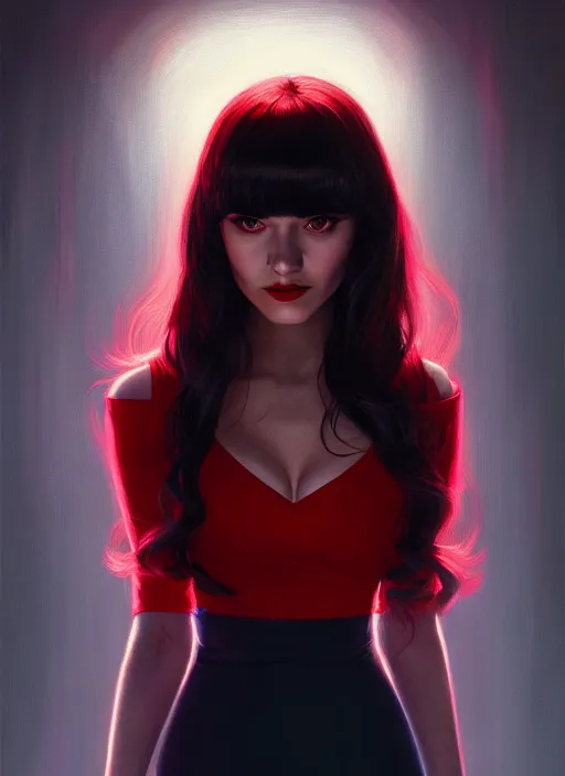 Prompt: portrait of veronica lodge with bangs, vampire, long hair, red clothes, bangs, intricate, elegant, glowing lights, highly detailed, digital painting, artstation, concept art, smooth, sharp focus, illustration, art by wlop, mars ravelo and greg rutkowski
