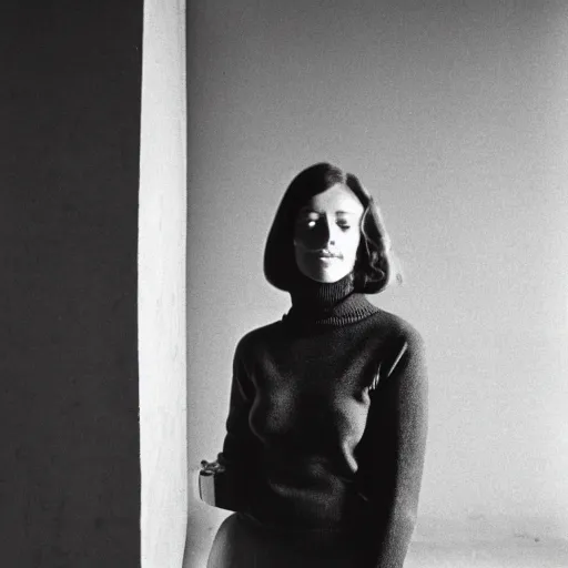 Prompt: black and white photo of a young woman wearing a turtleneck standing inside a brutalist building, 1976
